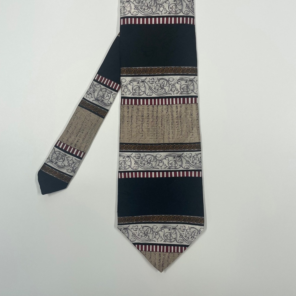Enzo Felini Black Burgundy Filigree Stripe Silk Necktie Mens OS